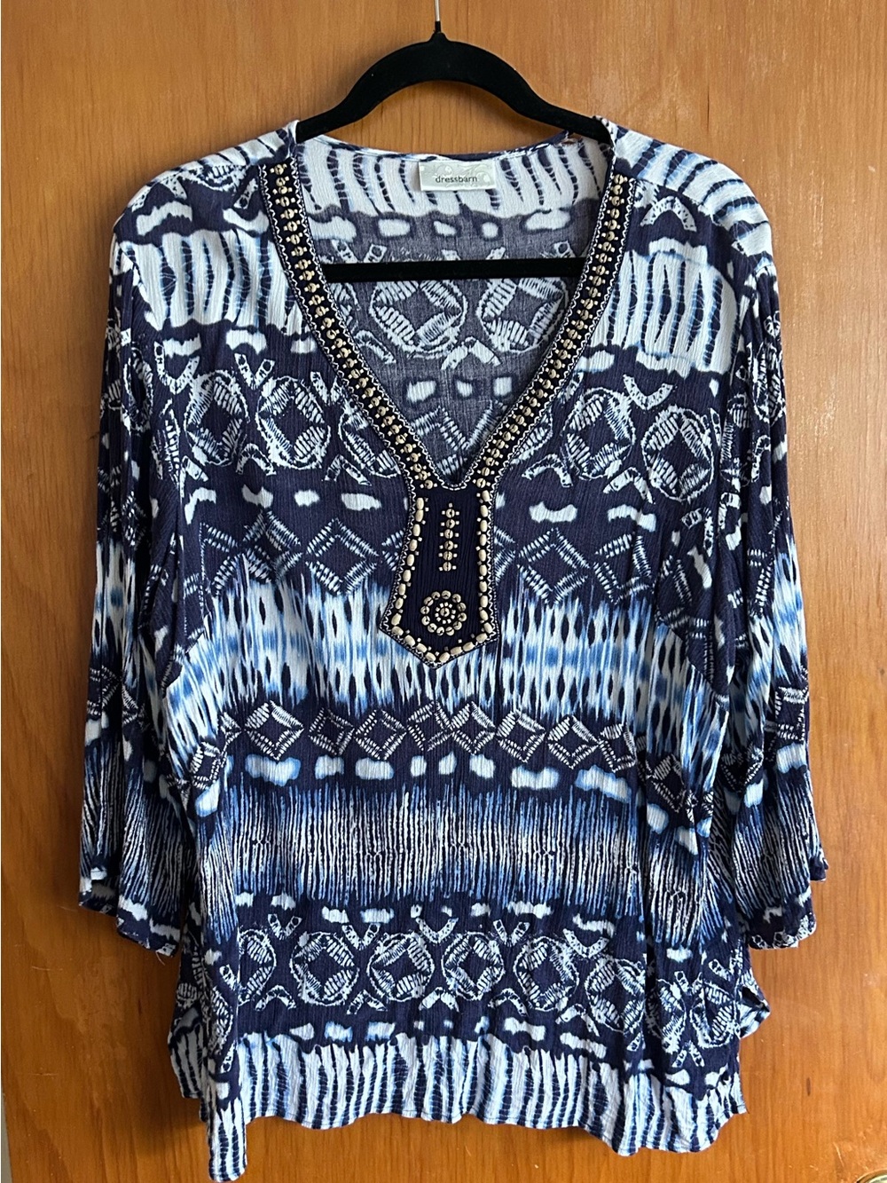 dressbarn Navy & White V-Neck Beaded Tunic